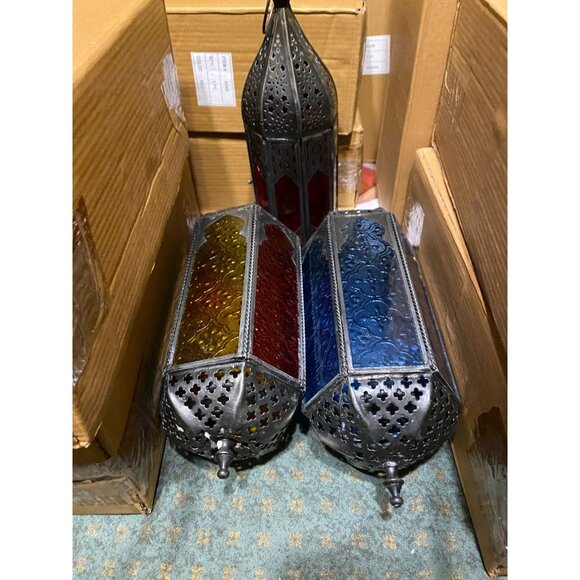 9 Pc Wedding Lot Copper Moroccan Lantern Metal Cutouts Decor 10" Tall MULTICOLOR - Picture 5 of 9